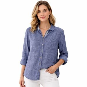 Chico's Tunic Shirt Womens 10 Blue No Iron Button Front 3/4 Sleeve Casual Top